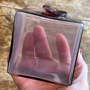 Vintage Hand Blown Art Glass Hollow Cube Sculpture Purple MCM Pontil